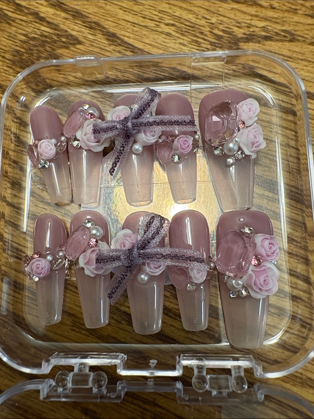 Pink Floral 3D Press-On Nails with Rhinestones and Bows